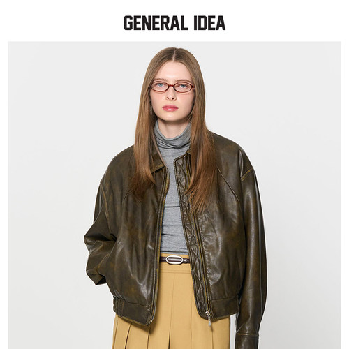 【NCT同款】GENERAL IDEA复古擦色老爹夹棉皮衣宽松夹克外套秋款