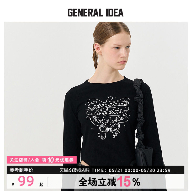 GENERAL IDEA BY BUMSUK星星闪钻蝴蝶结印花圆领长袖修身T恤短款
