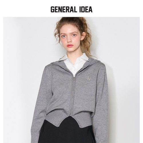 GENERAL IDEA连帽拉链毛针织开衫长袖短外套微阔收腰上衣秋季女