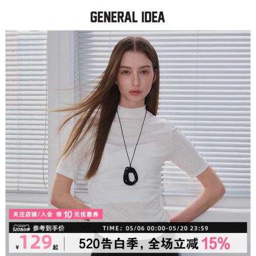 GENERAL IDEA BY BUMSUK醋酸缎面半高领短袖上衣复古正肩T恤女春