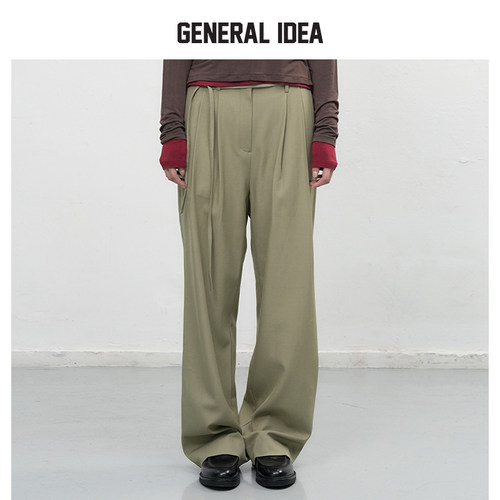 GENERAL IDEA BY BUMSUK极简主义橄榄绿宽松绑绳直筒休闲西装长裤