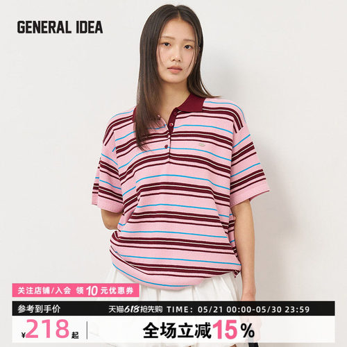 GENERAL IDEA BY BUMSUK新款复古配色条纹polo短袖T恤宽松休闲女
