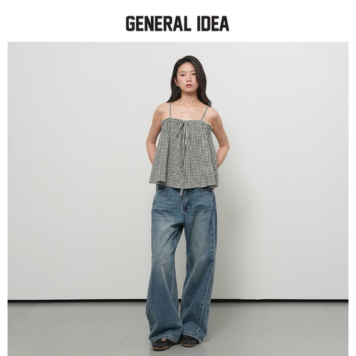 GENERAL IDEA BY BUMSUK女士夏季格纹荷叶边无袖吊带衫上衣可外穿
