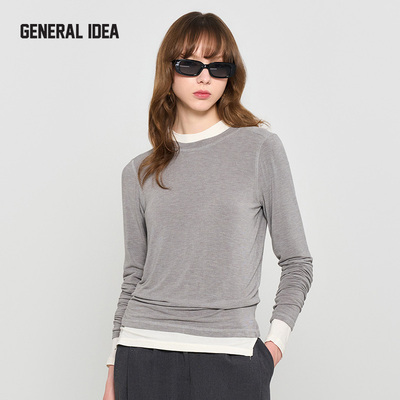 GENERAL IDEA BY BUMSUK80%缝线开衩叠穿圆领长袖休闲T恤打底衫女