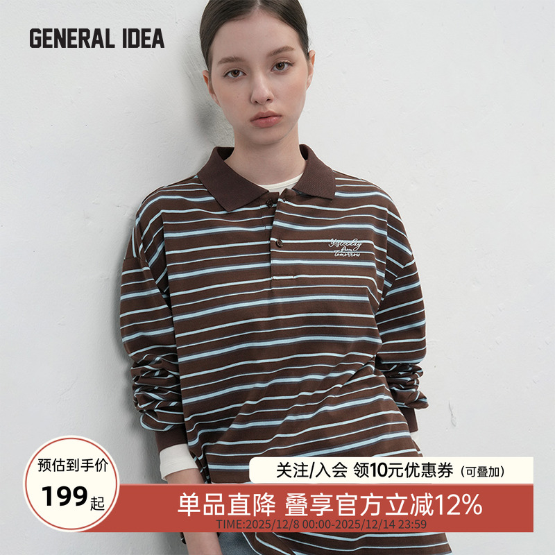 GENERAL IDEA BY BUMSUK复古老钱刺绣条纹polo长袖T恤上衣情侣款