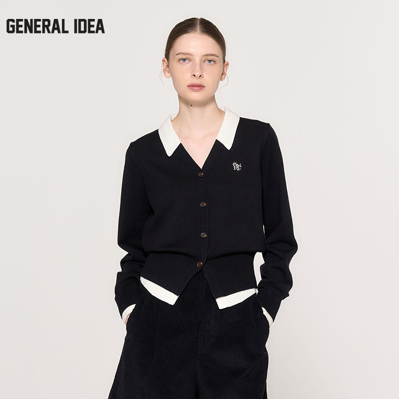 GENERAL IDEA BY BUMSUK领口拼接撞色层叠V领针织开衫假两件秋冬