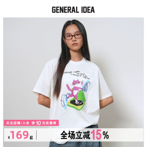 GENERAL IDEA BY BUMSUK初夏猫咪趣味涂鸦宽松落肩情侣短袖T恤女