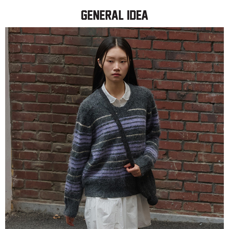 【明星同款】GENERAL IDEA拉绒长毛撞色条纹V领宽松针织毛衣女