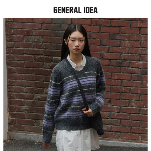 【明星同款】GENERAL IDEA拉绒长毛撞色条纹V领宽松针织毛衣女