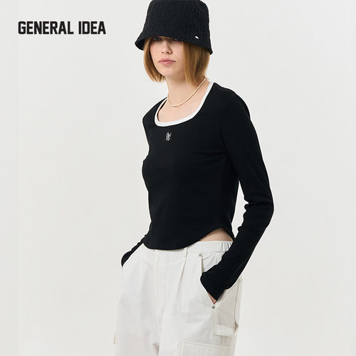 GENERAL IDEA BY BUMSUK撞色方领刺绣正肩长袖T恤打底衫上衣女士