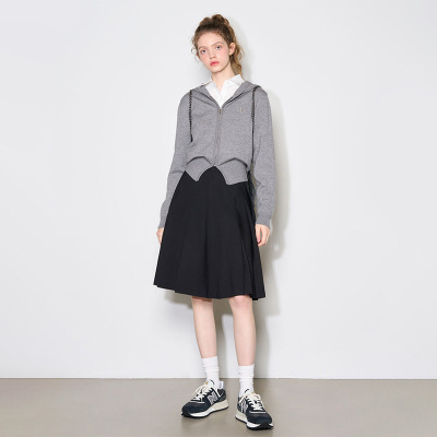 GENERAL IDEA拉链连帽针织开衫短外套/法式复古百褶半裙