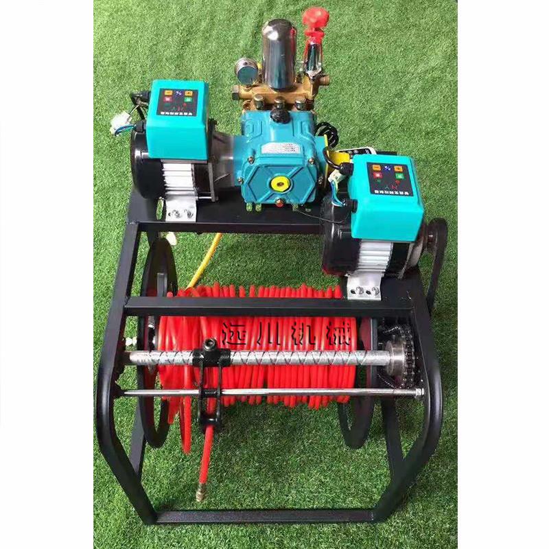 三轮车挂靠式打药机 48v60v电动打药机 双电机自动收管排管打药机