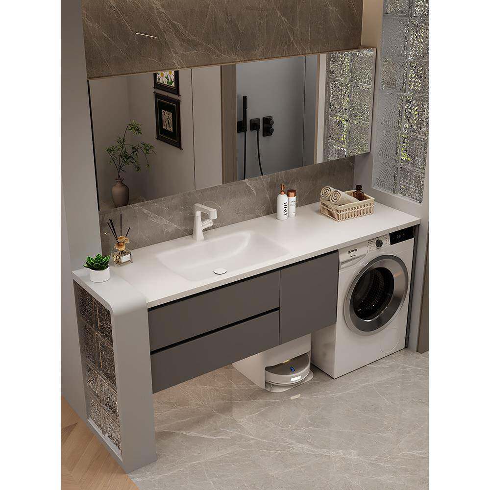 定制岩板热弯洗衣机洗手盆一体柜陶瓷无缝一体盆浴室柜洗漱台组合