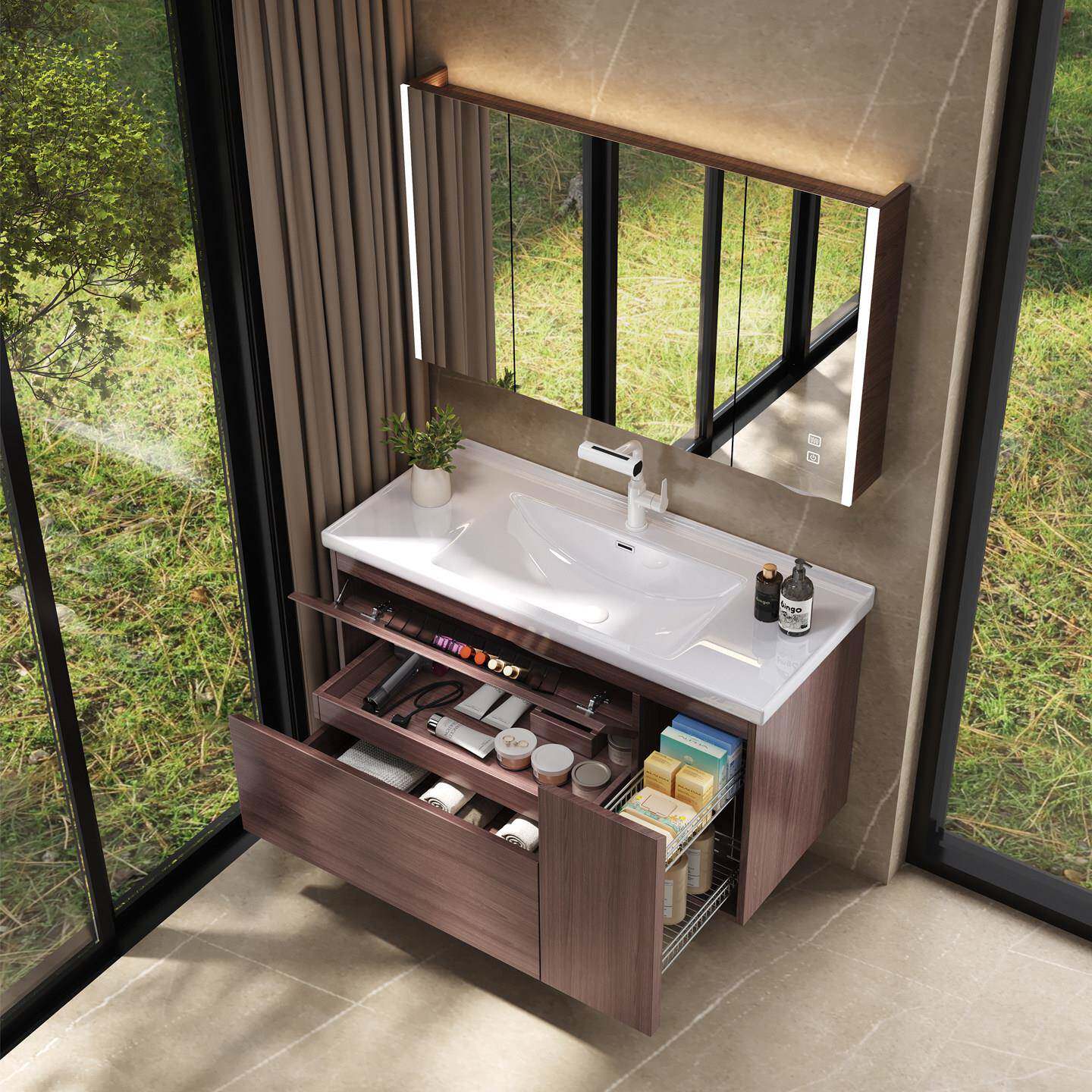 胡桃木日式拉篮中古风浴室柜陶瓷一体盆化妆室洗漱台洗脸洗手盆柜