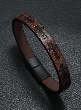 欧美复古风时尚皮手链男士印花十字磁铁扣简约手环ins小众设计