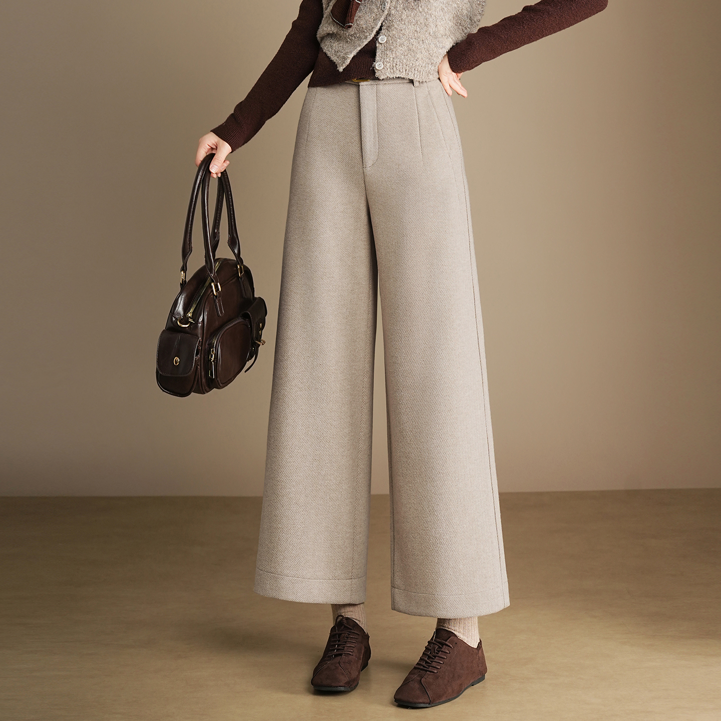 加厚羊毛呢宽松直筒阔腿裤西装垂感高级感女裤子秋冬小个子九分裤