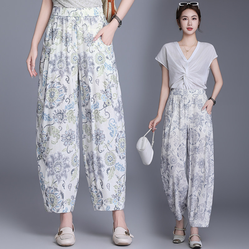 新款高腰印花女士夏季九分哈伦休闲长裤时尚百搭