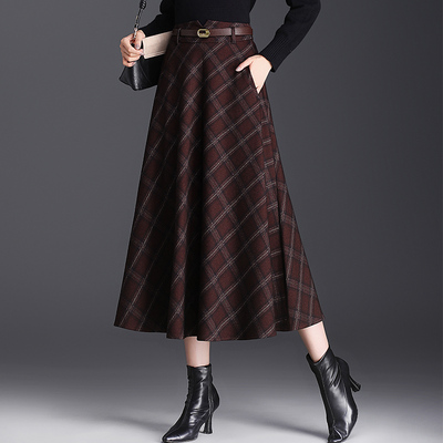复古红格子毛呢半身裙女秋冬季新款高腰垂感a字裙显瘦大摆中长裙