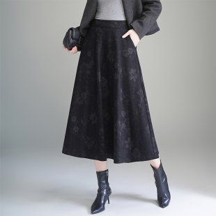 A字裙高腰复古半身裙百搭印花中长裙2025年秋冬新款 气质A字裙 时尚