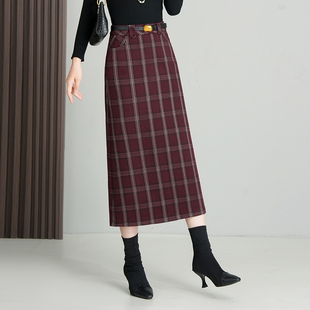 高腰格子包臀裙半身裙女复古百搭毛呢直筒裙冬季休闲中长款妈妈裙