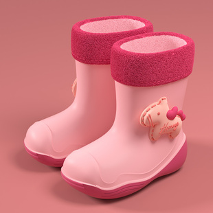 雨靴小孩防水鞋 新款 女童可爱厚底保暖冬季 儿童靴子室外穿防滑雨鞋