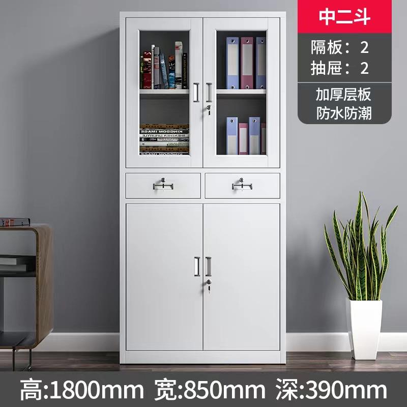 办公室文件柜铁皮柜灰2抽整装上玻璃下铁门中二抽档案资料柜