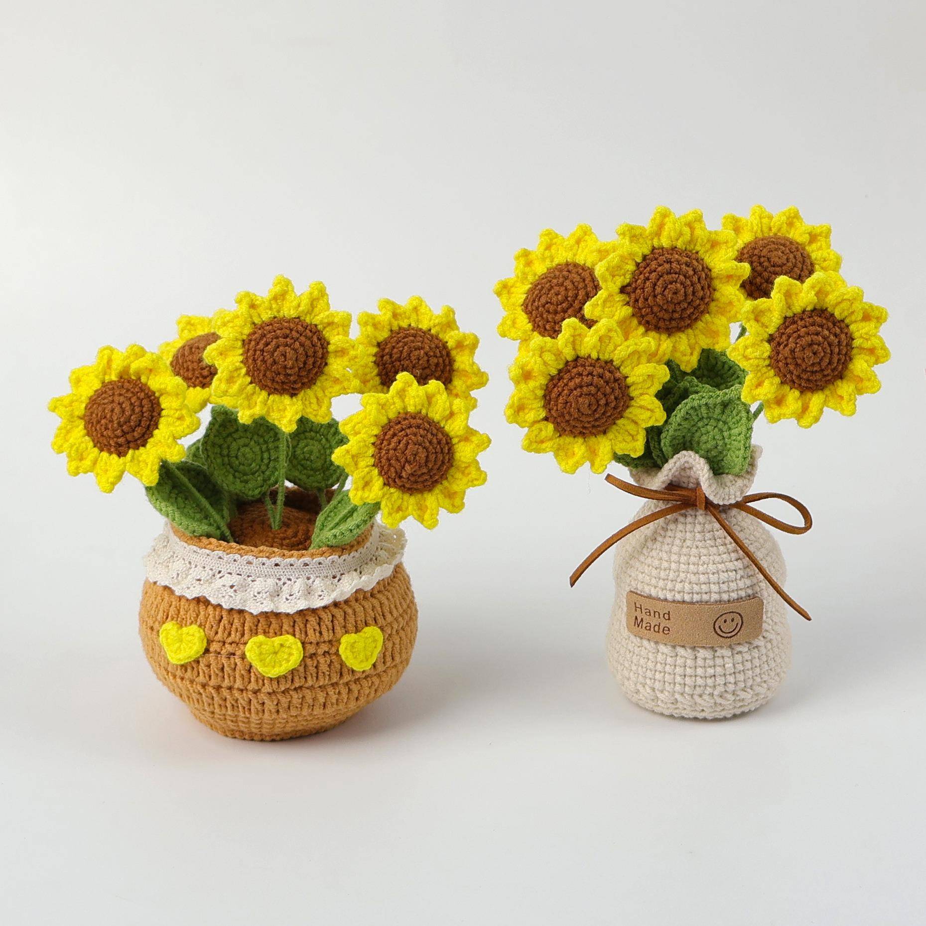 成品手工钩织毛线向日葵仿真盆栽向阳而生前程似锦假花办公桌摆件