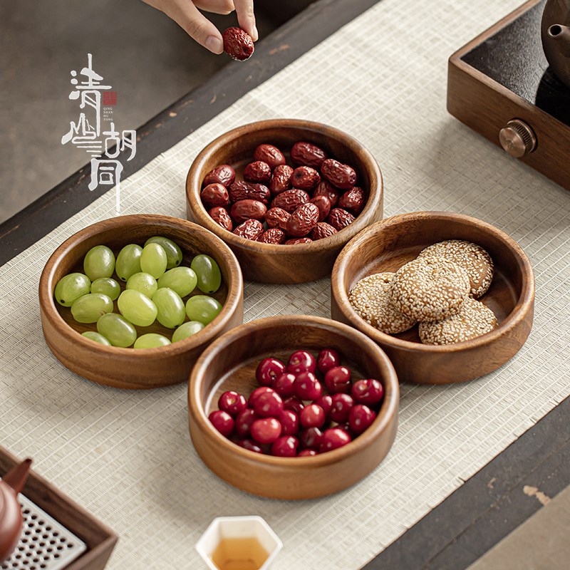 创意圆形点心水果盘可叠加胡桃整木茶点盘甜品餐盘木质盘子家用盘