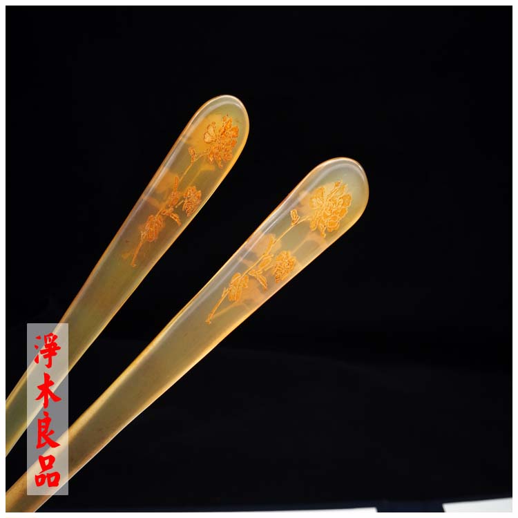天然羊角发簪 双面雕花牡丹羊角簪子 牛角发钗盘头发饰复古简约