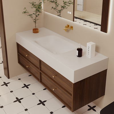 胡桃木岩板热弯一体盆浴室柜