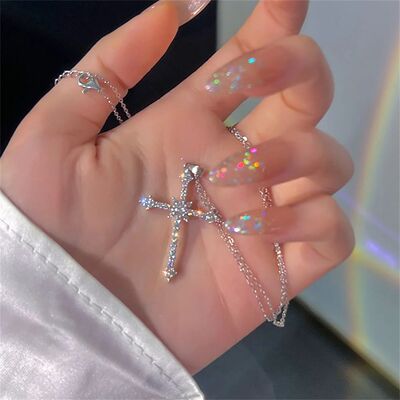 Elegant Crystal Cross Pendant Necklace Silver Color Star Lad