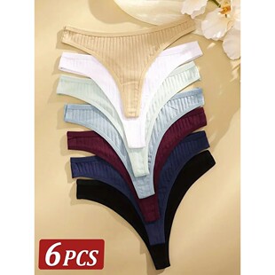 6Pcs/Set Women Cotton Thongs Panties Female Ribbed Low Rise