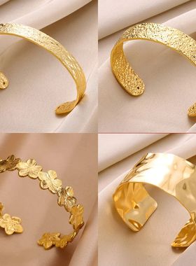 Stainless Steel Wide Bangles for Women Luxury Gold Color Chu