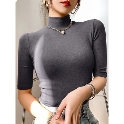 Basic  T Shirt Women Turtleneck Slim Tshirt Short Sleeve T-s