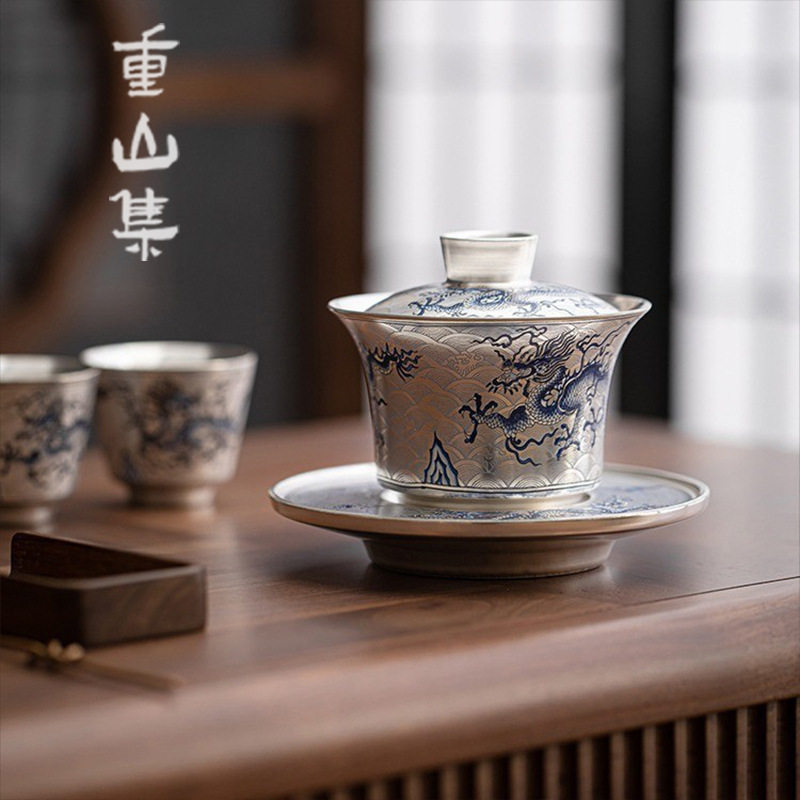 龙年大运礼品陶瓷鎏银盖碗功夫茶具三才泡茶碗茶道配件防烫礼盒装