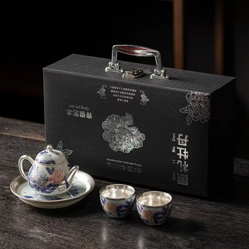 高档999纯银茶具纯手工鎏银功夫茶具整套豪华礼品牡丹花国礼套装