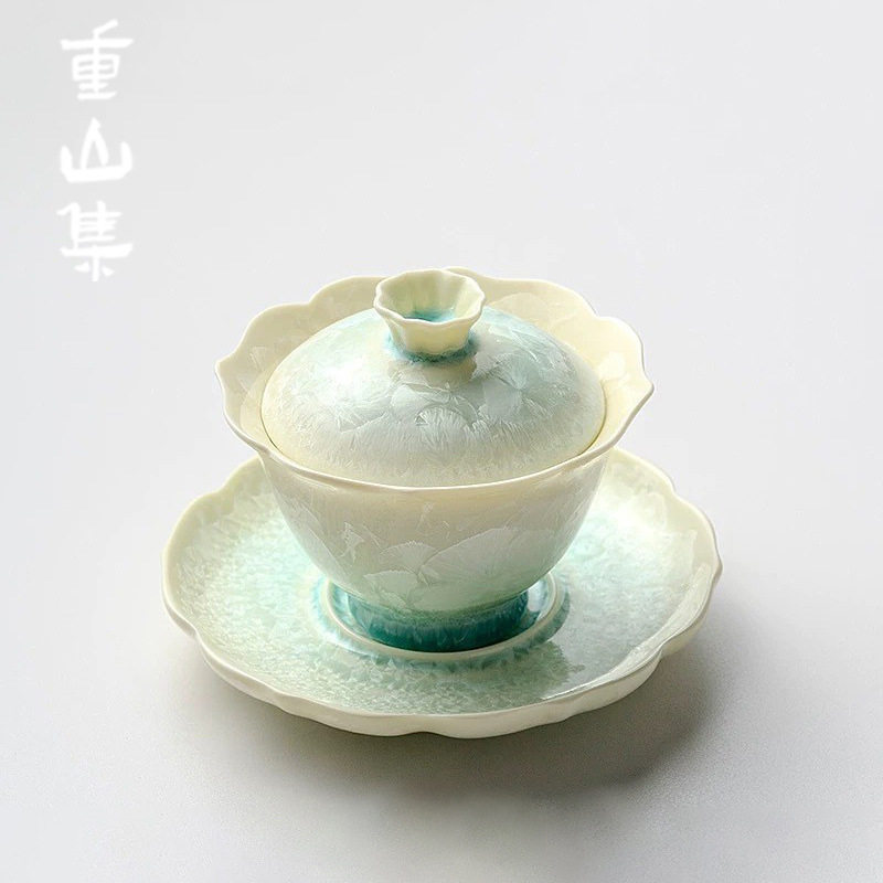 「渐变」结晶冰花花边三才盖碗陶瓷功夫茶具泡茶套装送礼礼盒高档