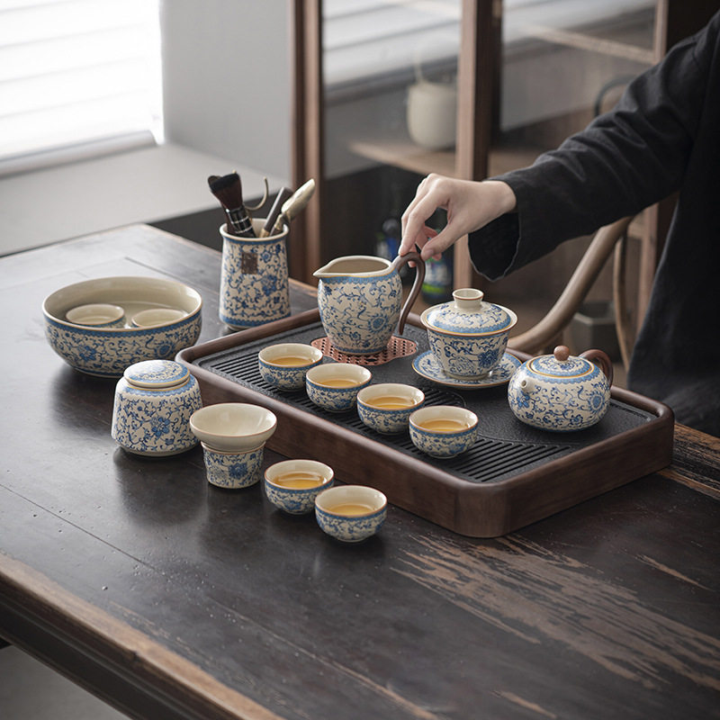 青花汝窑功夫茶具套装家用办公喝茶整套高档陶瓷盖碗泡茶壶喝茶杯