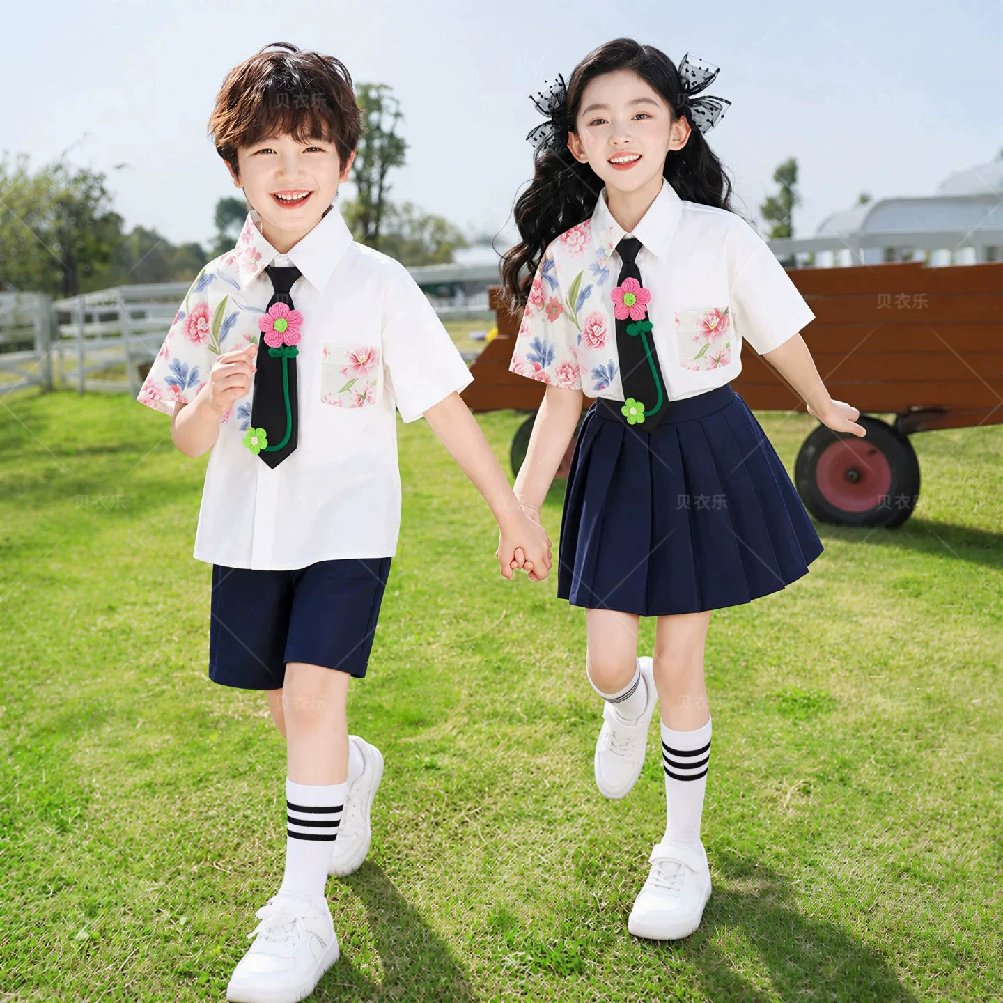 六一儿童校服演出服小学生幼儿园合唱表演服花朵印花白衬衫拍照服