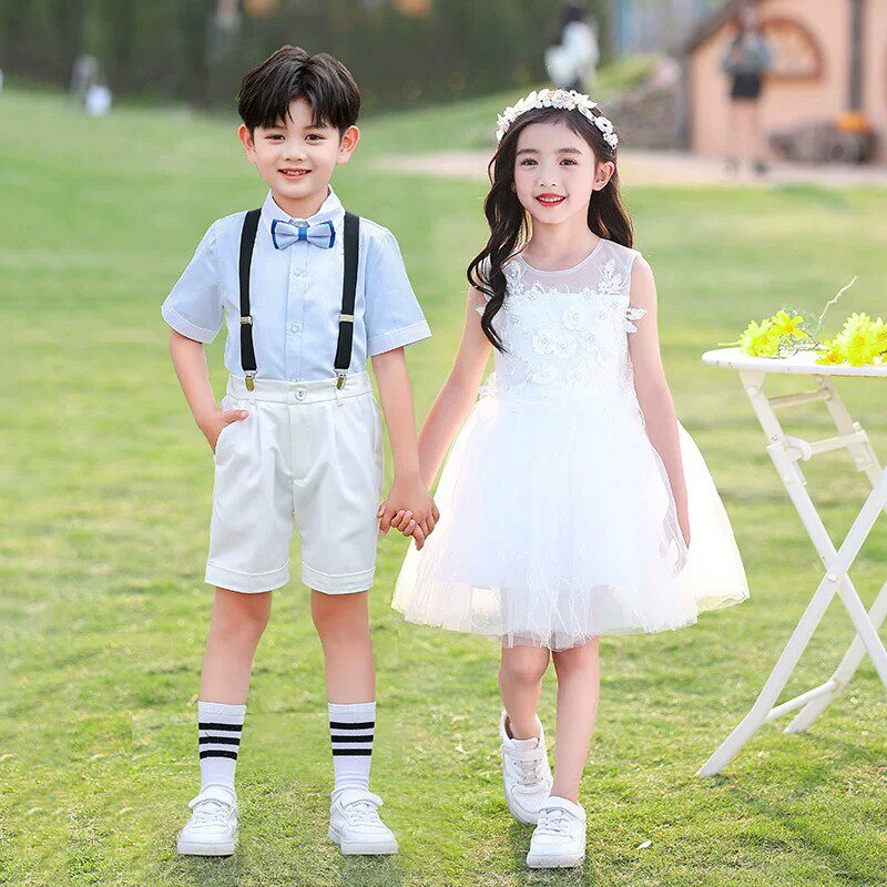 六一儿童结演出服女童白色蓬蓬裙六一表演服幼儿园毕业礼服连衣裙
