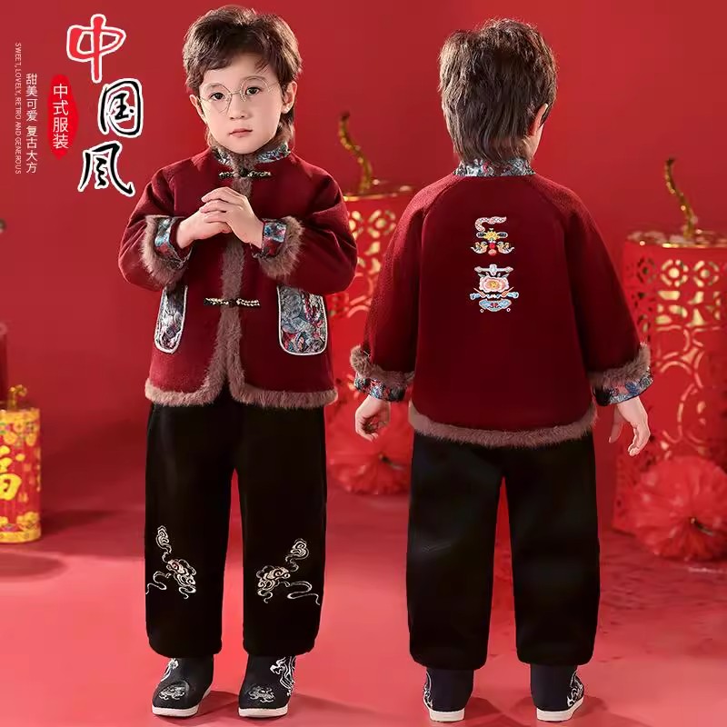 男童拜年服套装唐装加绒过年冬季