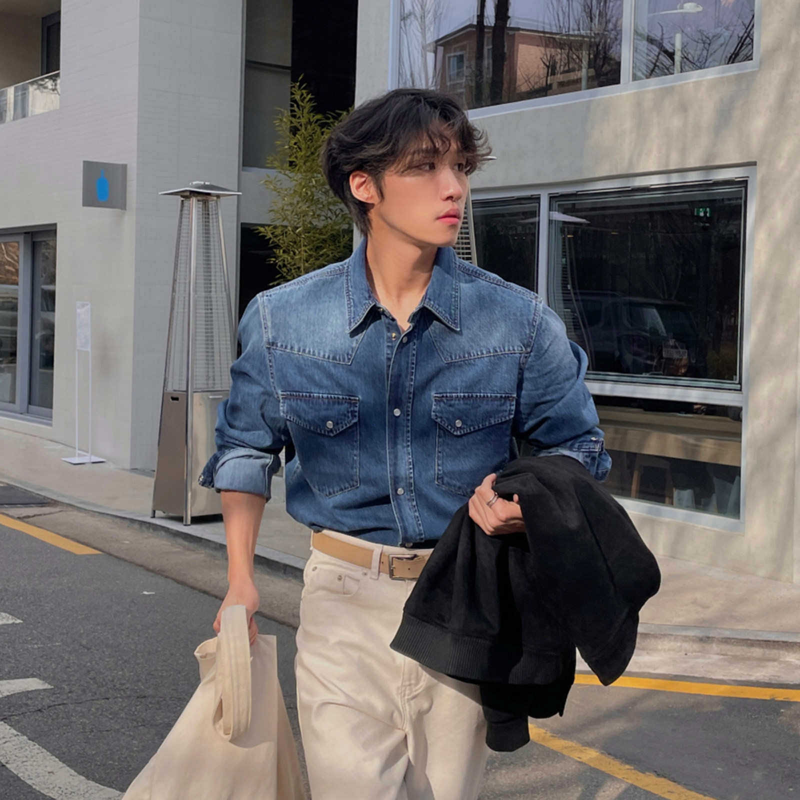 thumbnail for Lapelable cardigan long-sleeved denim shirt men's spring and autumn 2025 American vintage washed used shirt jacket