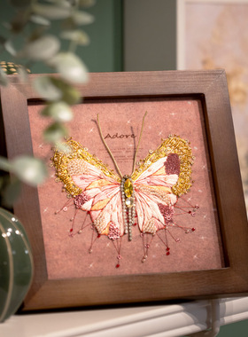 阿卡欧式立体刺绣diy材料包粉色蝴蝶相框画家居摆台桌面装饰礼物