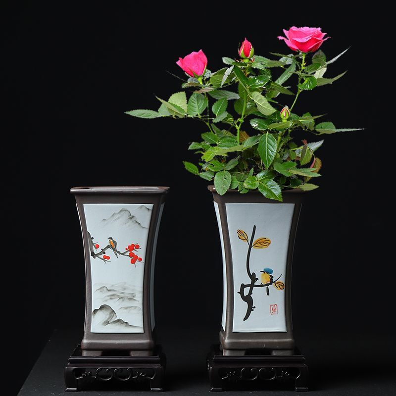 手绘陶瓷花盆兰花专用青瓷盆高款四方大号创意中国风复古紫砂盆景