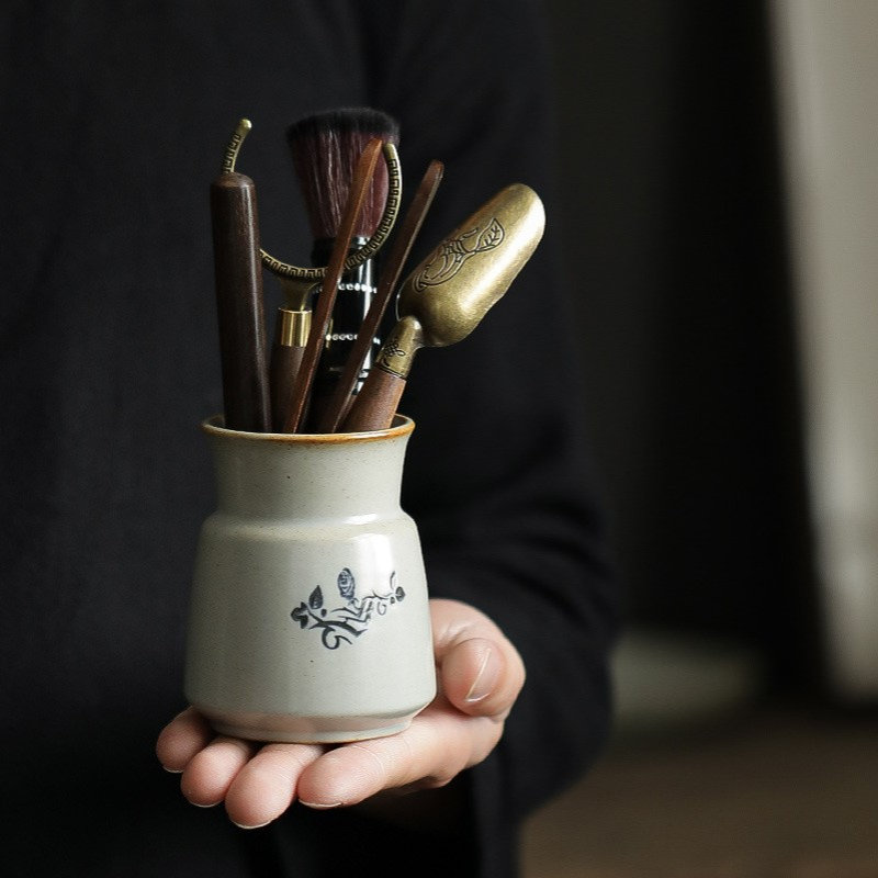 草木灰陶瓷茶桶茶具配件黑檀茶道六君子功夫泡茶工具茶刀茶夹茶勺