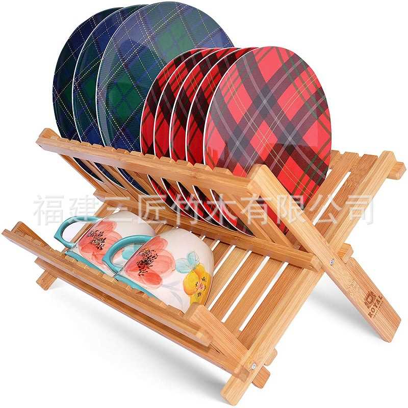 现货竹制2层盘子干燥i沥碗架-可折叠的沥水架和杯架折叠架