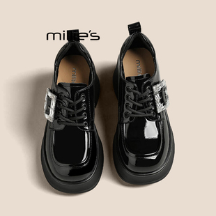 款 妙丽2025秋季 厚底乐福鞋 增高水钻方扣高跟鞋 MILLIE 舒适女鞋