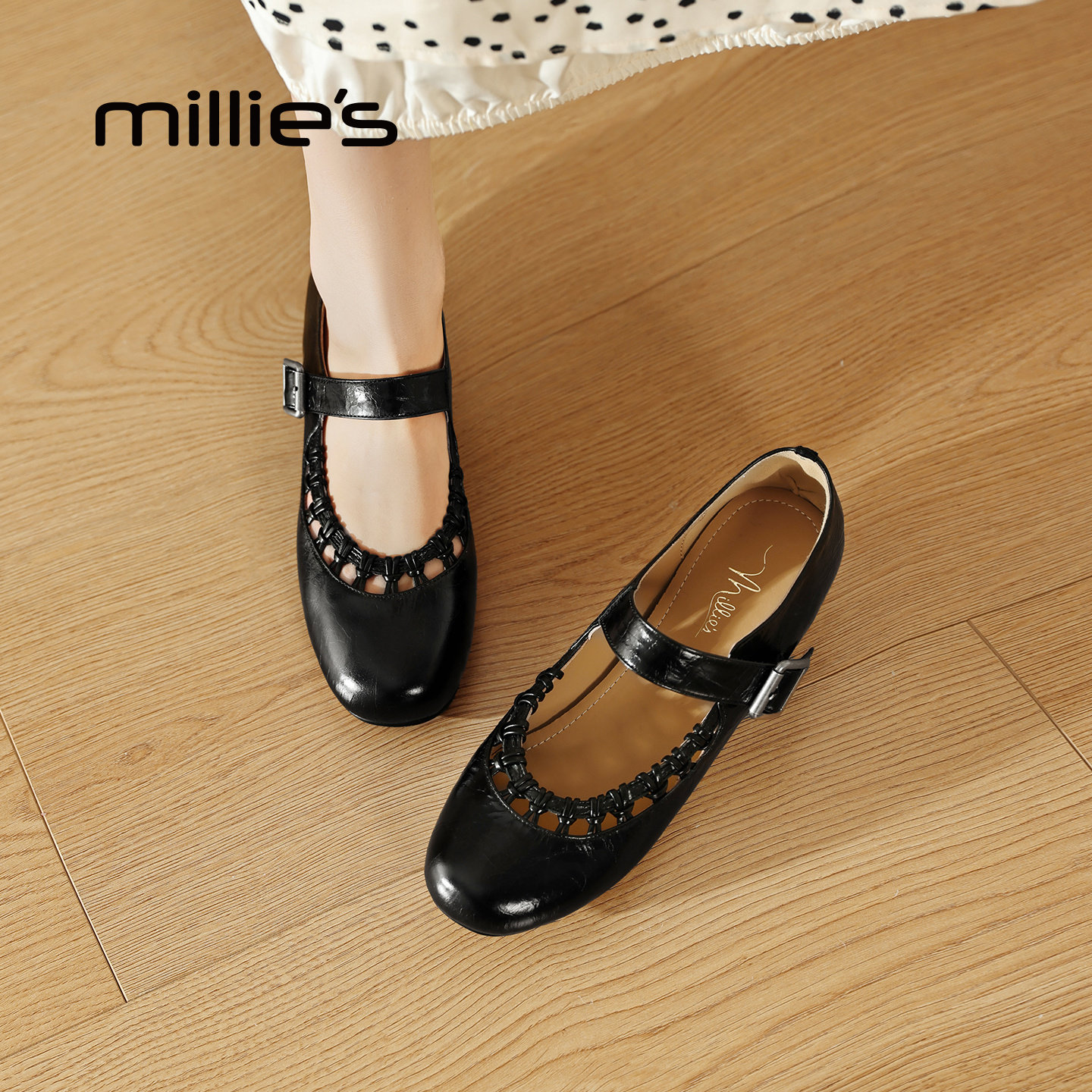 MILLIE'S/妙丽法式复古铆钉玛丽珍鞋真皮一字带平底通勤单鞋黑色Z,女鞋,玛丽珍鞋,淘宝优惠券,粉丝福利购,淘宝优惠卷