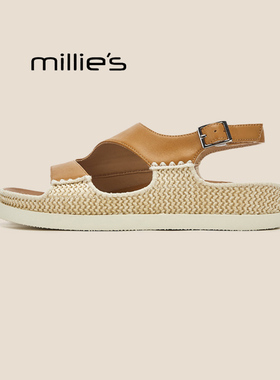 MILLIE'S/妙丽夏季新款白色草编厚底松糕凉鞋时尚百搭大码鞋女