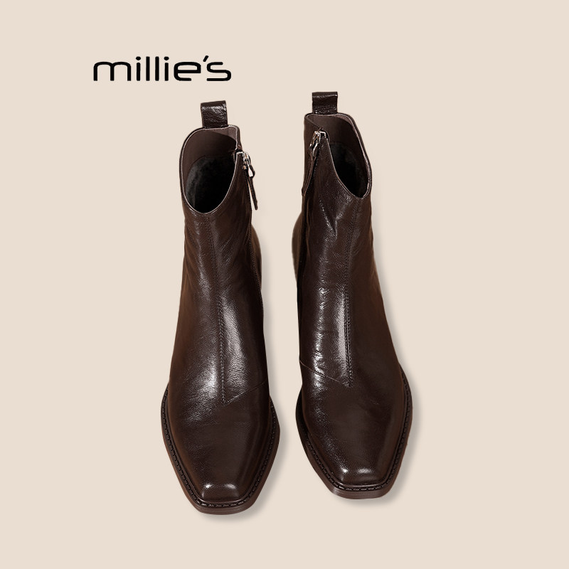 MILLIE'S/妙丽低跟尖头短靴女秋冬加绒新款复古粗跟皱感西部单靴Q,女鞋,时装靴,淘宝优惠券,粉丝福利购,淘宝优惠卷